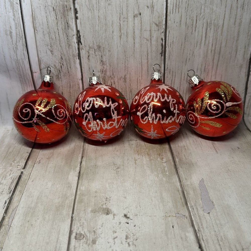 Vintage Red Decorative Merry Christmas Ornaments Holly Berry Gold Glitter‎ 4 set